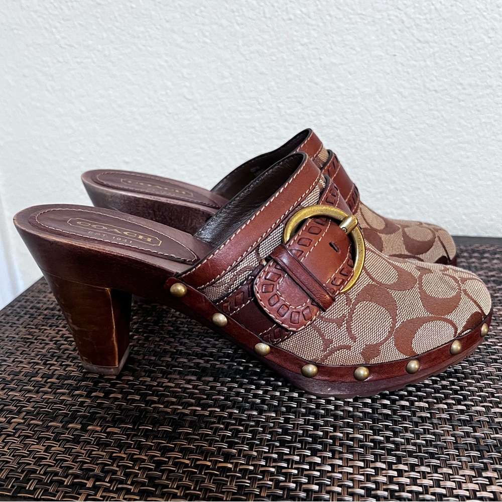 Coach Signature Brown Mules with Gold Accents